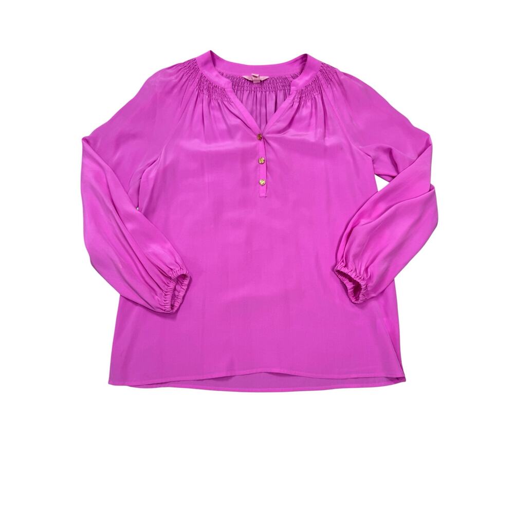 Lilly Pulitzer Elsa Top S Silk Blouse Smocked Neckline Pink Long Sleeve *read